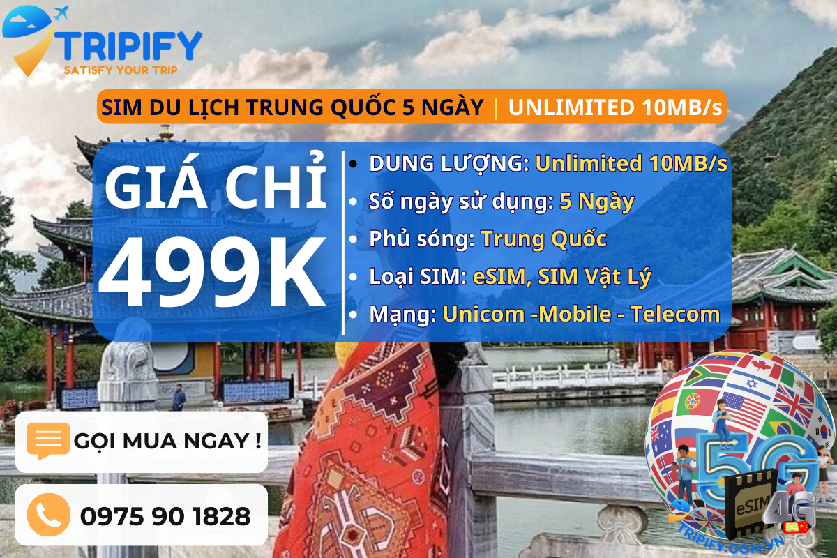 SIM DU LỊCH TRUNG QUỐC 5 NGÀY | GÓI UNLIMITED 10MB/s