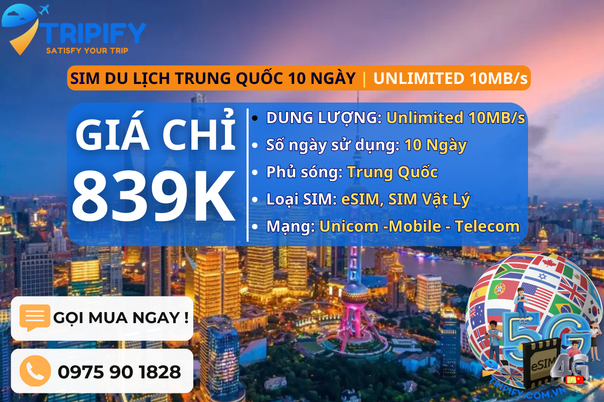SIM DU LỊCH TRUNG QUỐC 10 NGÀY | GÓI UNLIMITED 10MB/s
