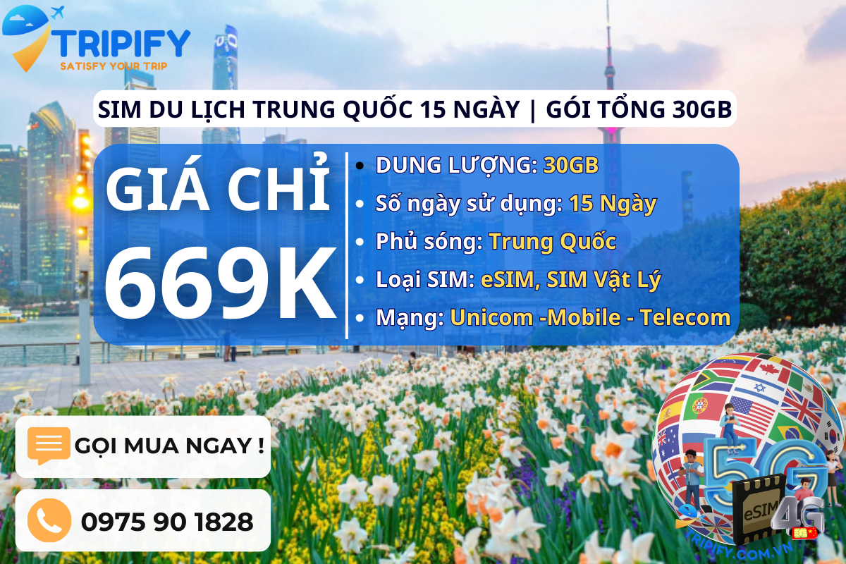 SIM DU LỊCH TRUNG QUỐC 15 NGÀY | GÓI TỔNG 30GB