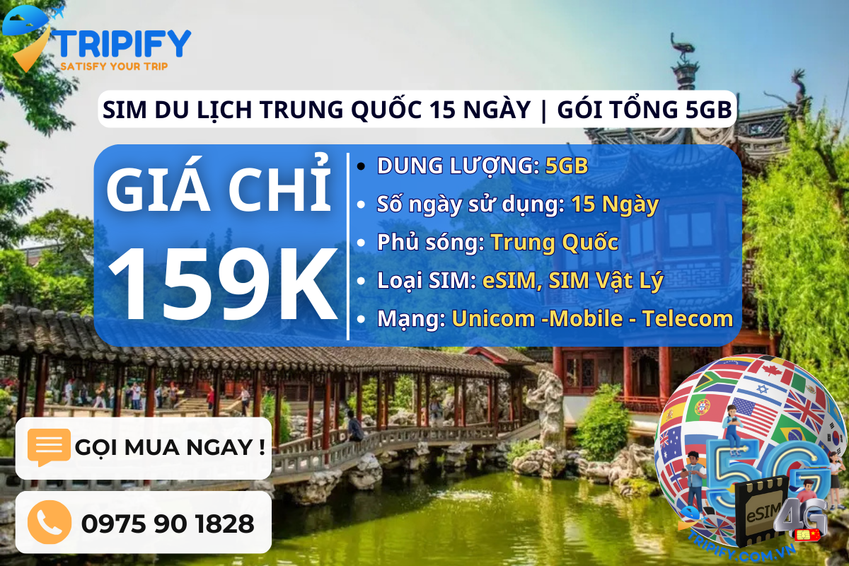 SIM DU LỊCH TRUNG QUỐC 15 NGÀY | GÓI TỔNG 5GB