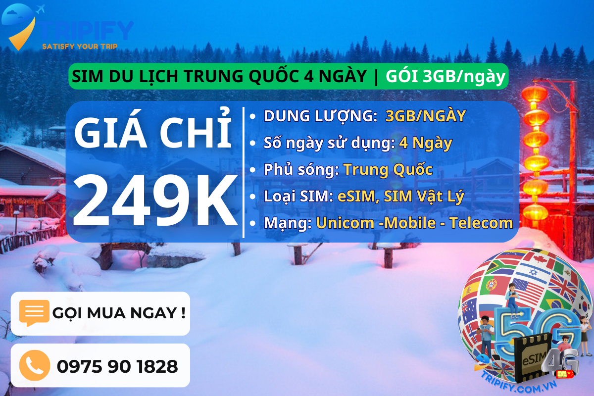 SIM DU LỊCH TRUNG QUỐC 4 NGÀY | GÓI 3GB/NGÀY