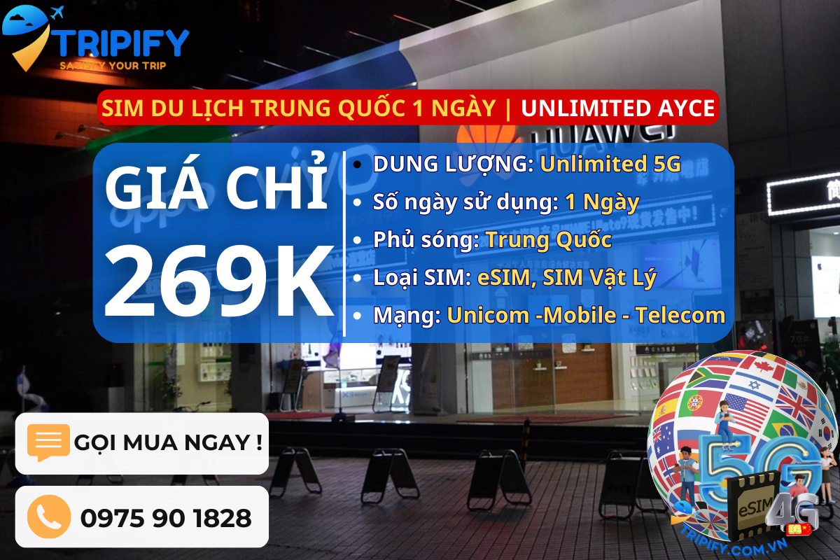 SIM DU LỊCH TRUNG QUỐC 1 NGÀY | GÓI UNLIMITED AYCE
