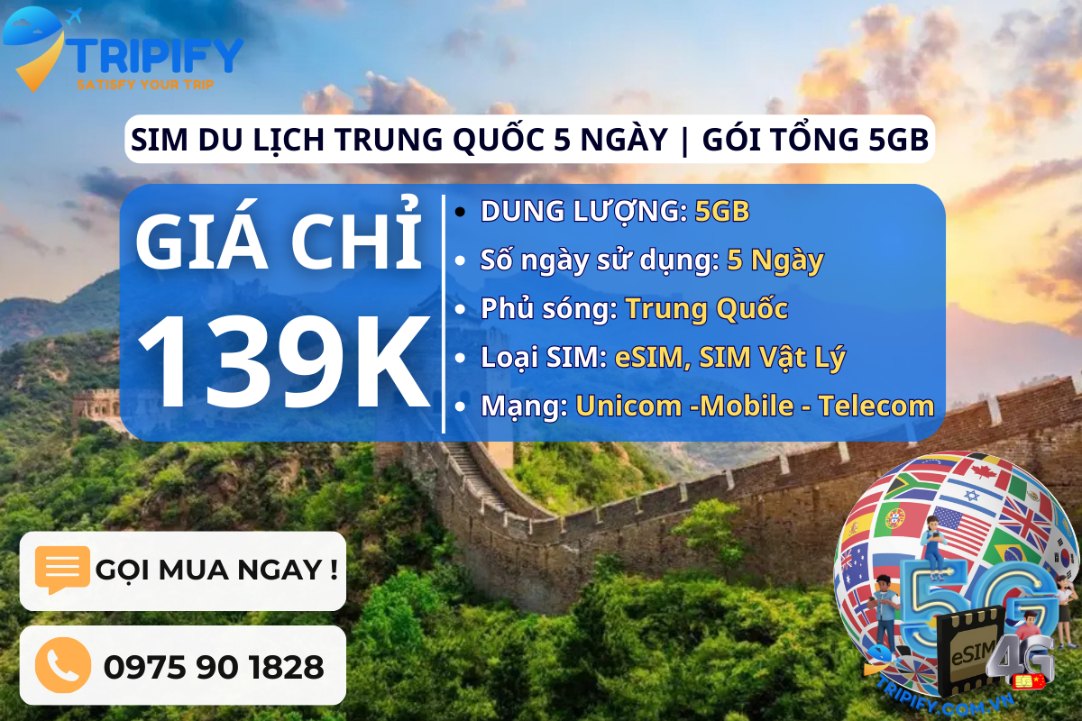 SIM DU LỊCH TRUNG QUỐC 5 NGÀY | GÓI TỔNG 5GB