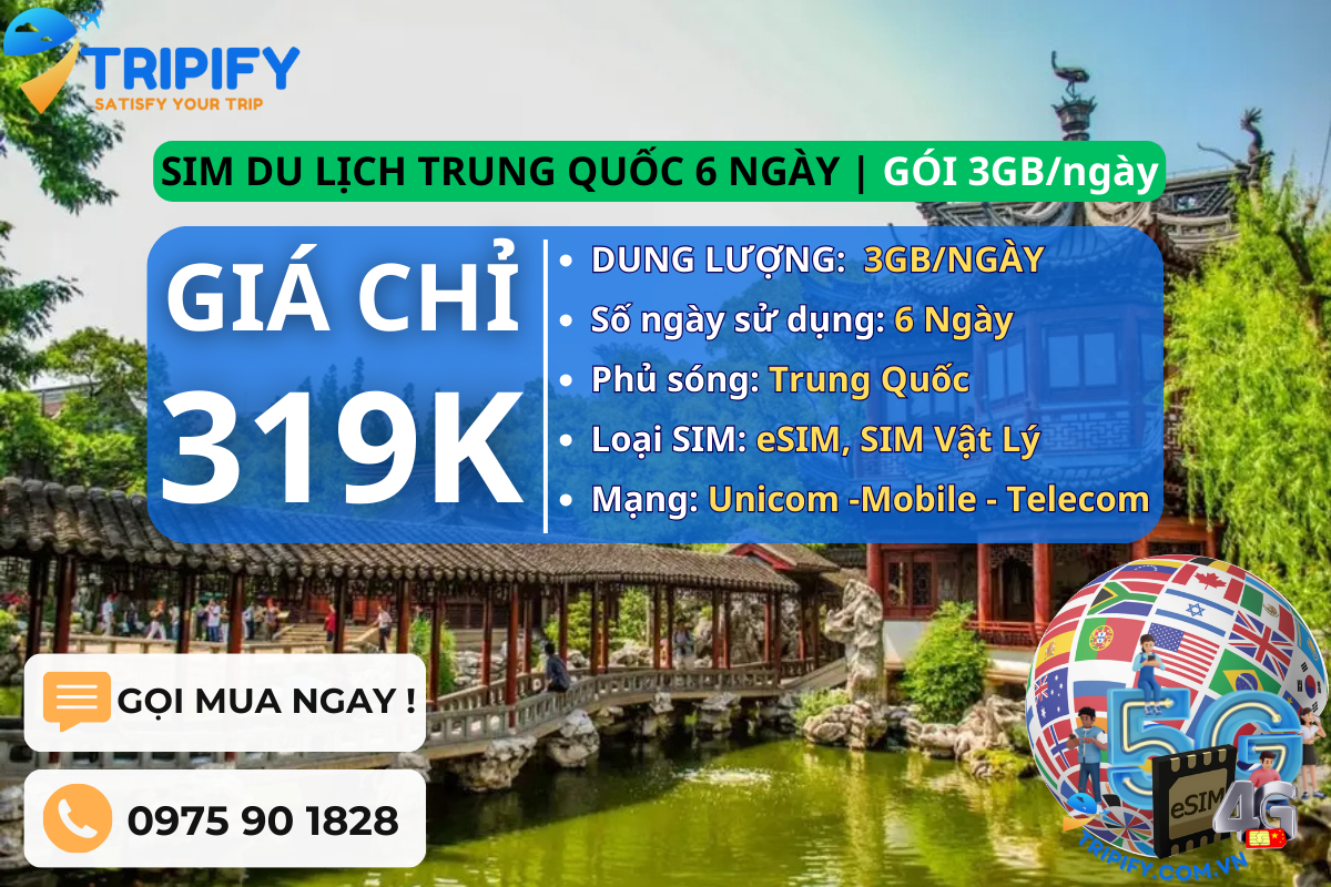 SIM DU LỊCH TRUNG QUỐC 6 NGÀY | GÓI 3GB/NGÀY