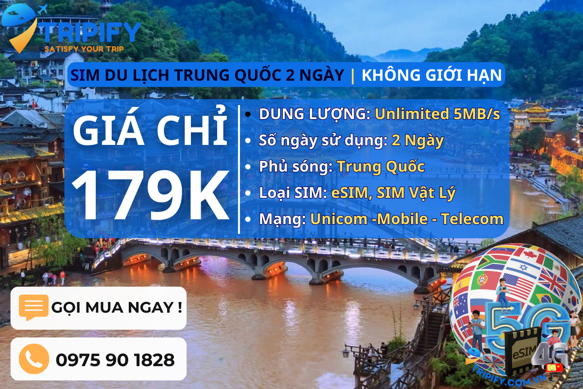SIM DU LỊCH TRUNG QUỐC 2 NGÀY | GÓI UNLIMITED 5MB/s