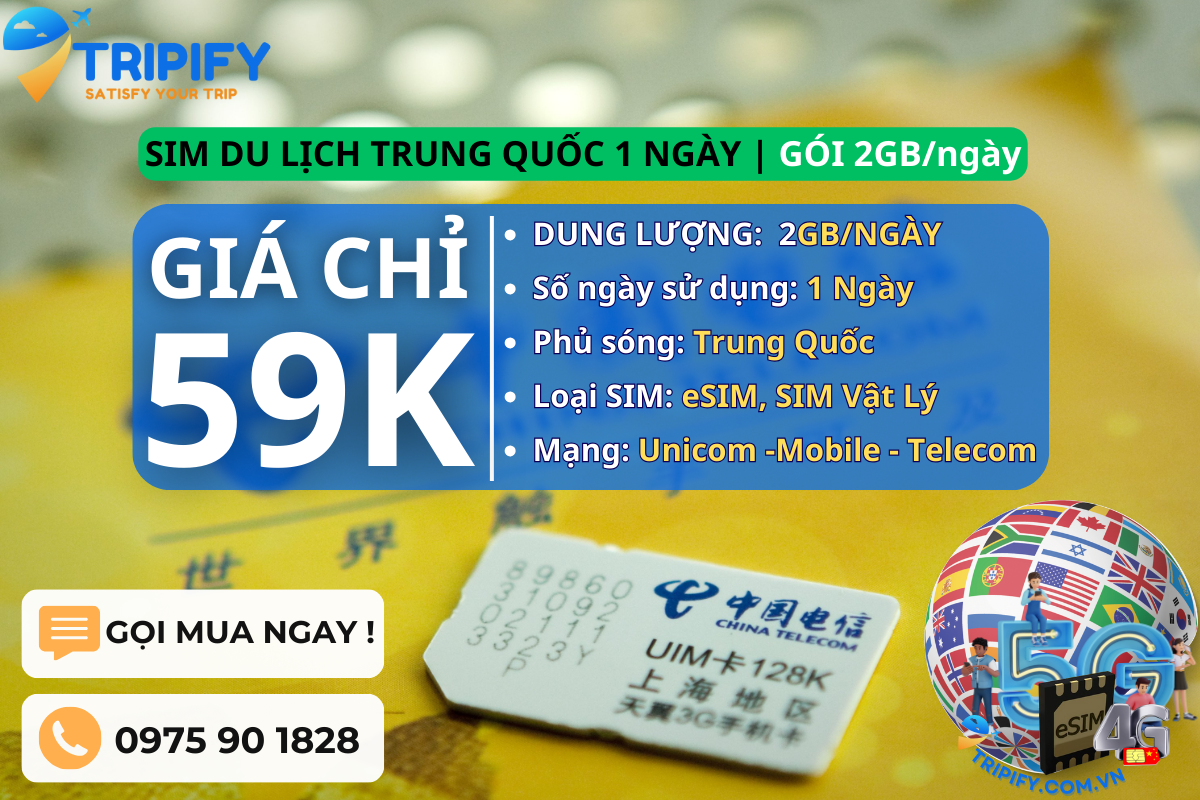 SIM DU LỊCH TRUNG QUỐC 1 NGÀY | GÓI 2GB/NGÀY