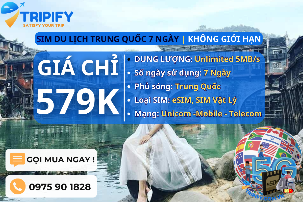 SIM DU LỊCH TRUNG QUỐC 7 NGÀY | GÓI UNLIMITED 5MB/s