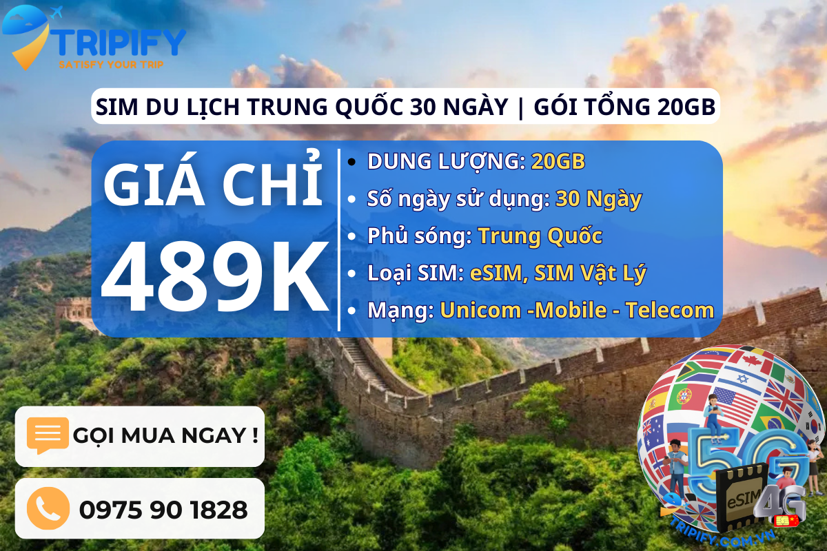 SIM DU LỊCH TRUNG QUỐC 30 NGÀY | GÓI TỔNG 20GB