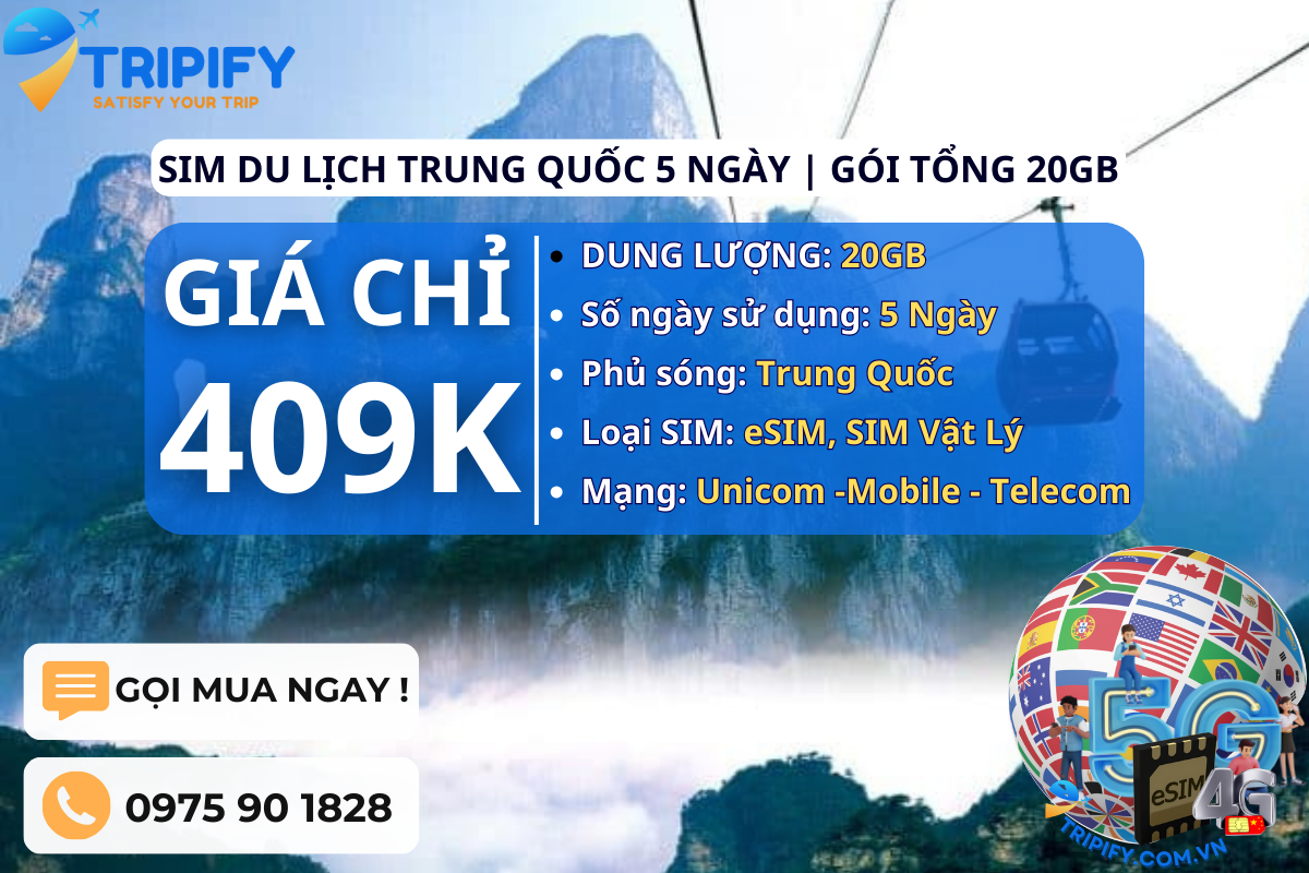 SIM DU LỊCH TRUNG QUỐC 5 NGÀY | GÓI TỔNG 20GB
