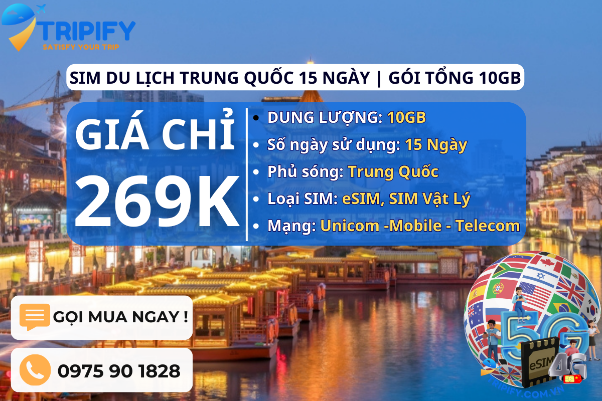 SIM DU LỊCH TRUNG QUỐC 15 NGÀY | GÓI TỔNG 10GB