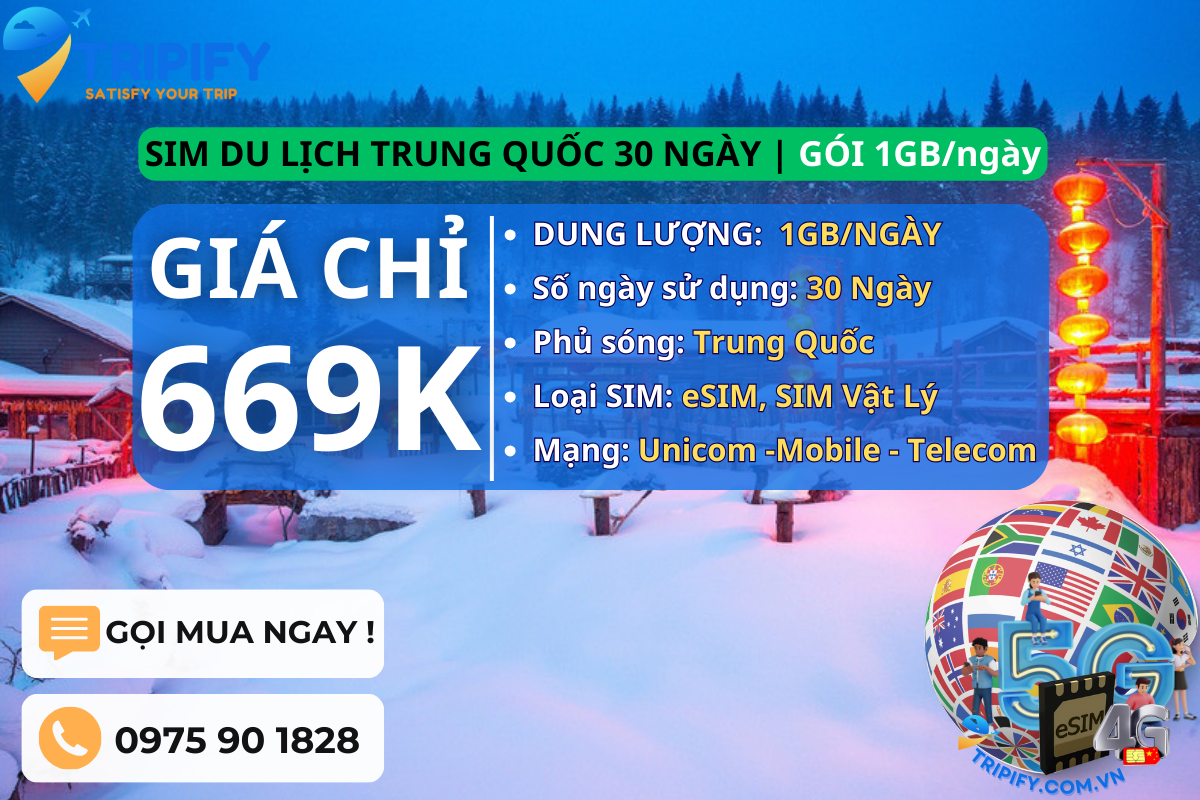 SIM DU LỊCH TRUNG QUỐC 30 NGÀY | GÓI 1GB/NGÀY