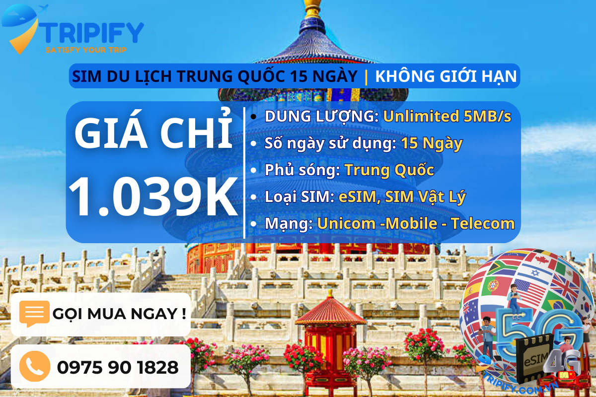 SIM DU LỊCH TRUNG QUỐC 15 NGÀY | GÓI UNLIMITED 5MB/s
