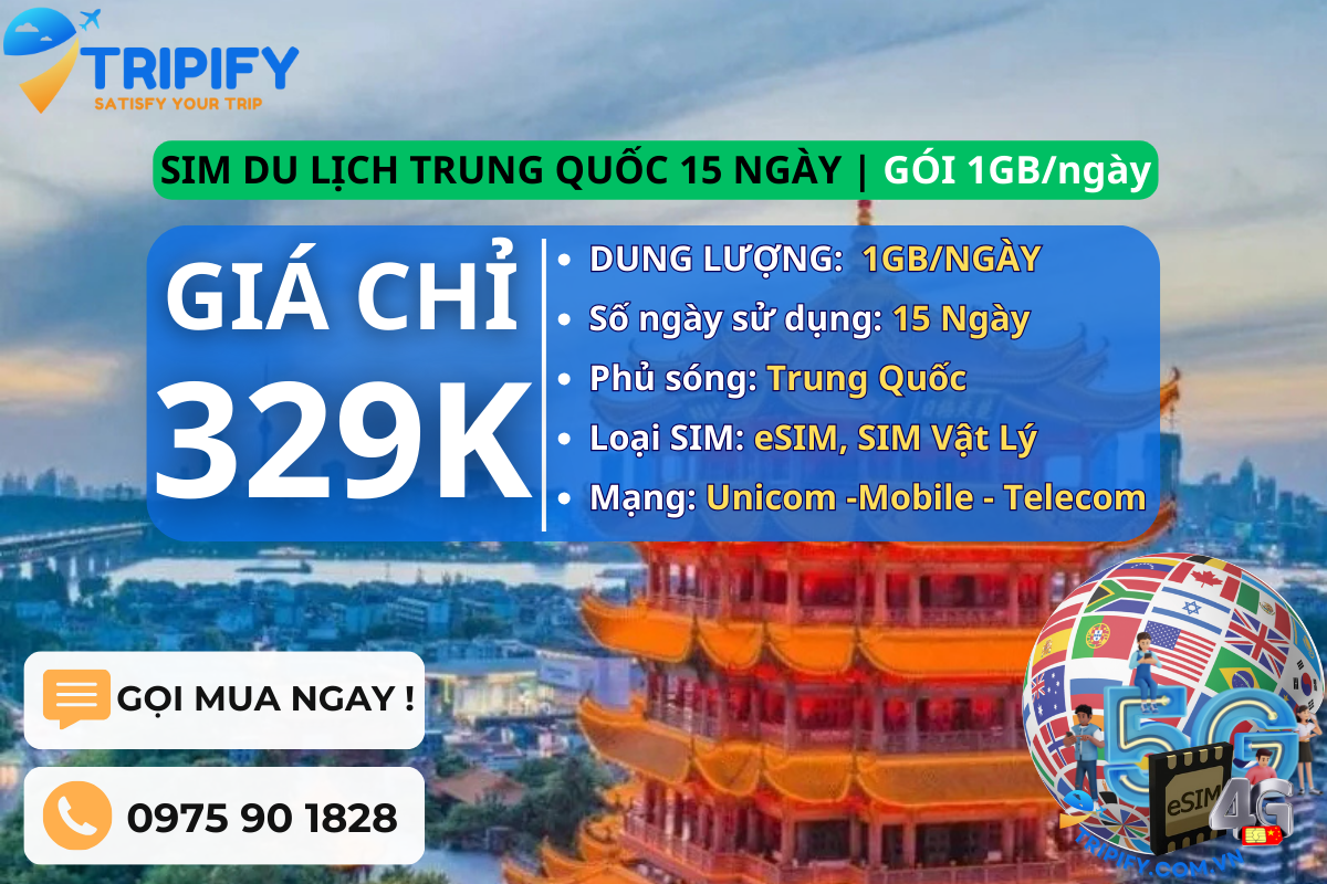 SIM DU LỊCH TRUNG QUỐC 15 NGÀY | GÓI 1GB/NGÀY
