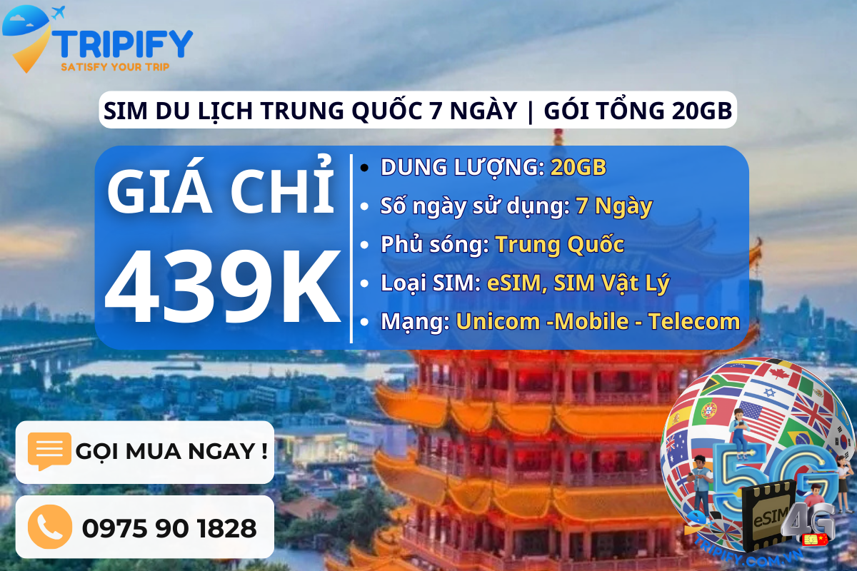 SIM DU LỊCH TRUNG QUỐC 7 NGÀY | GÓI TỔNG 20GB
