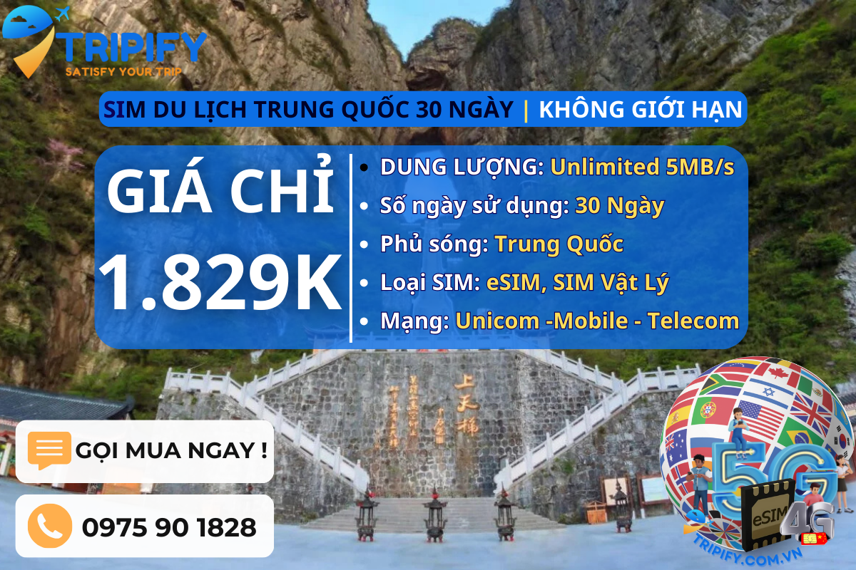 SIM DU LỊCH TRUNG QUỐC 30 NGÀY | GÓI UNLIMITED 5MB/s