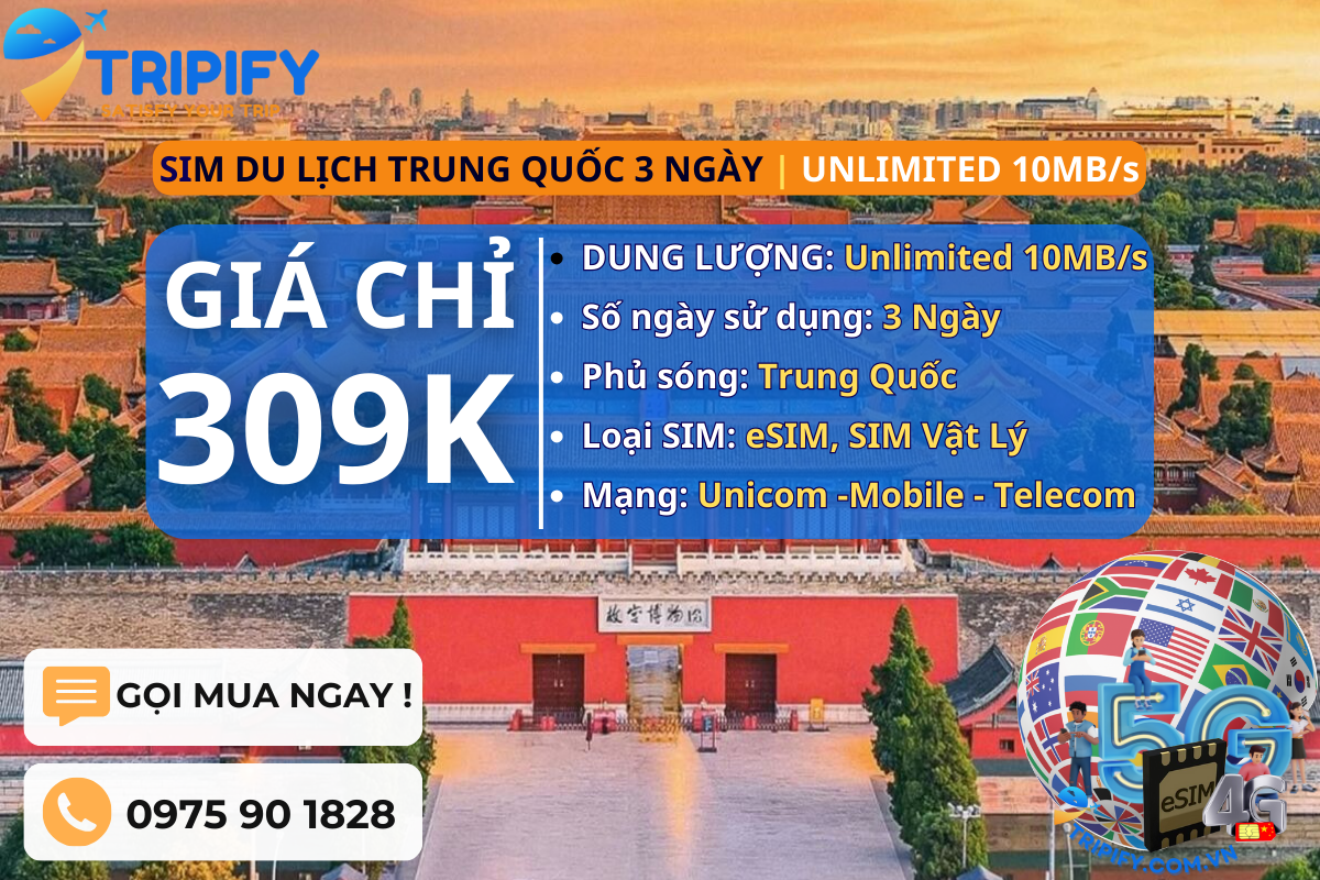 SIM DU LỊCH TRUNG QUỐC 3 NGÀY | GÓI UNLIMITED 10MB/s