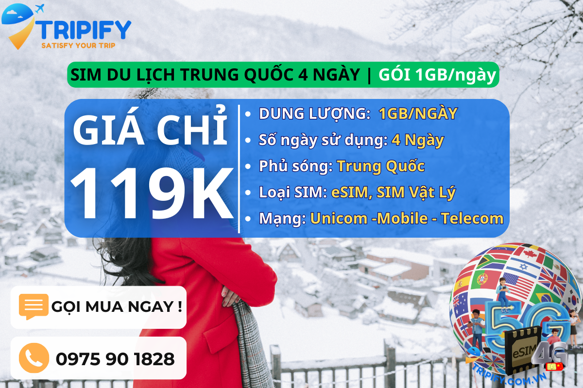SIM DU LỊCH TRUNG QUỐC 4 NGÀY | GÓI 1GB/NGÀY