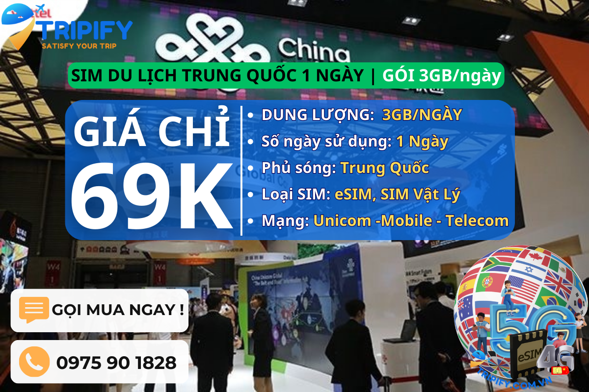 SIM DU LỊCH TRUNG QUỐC 1 NGÀY | GÓI 3GB/NGÀY