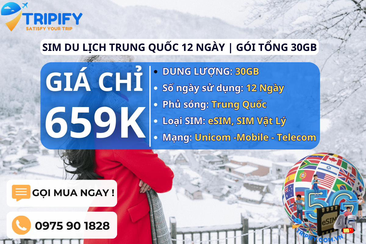 SIM DU LỊCH TRUNG QUỐC 12 NGÀY | GÓI TỔNG 30GB