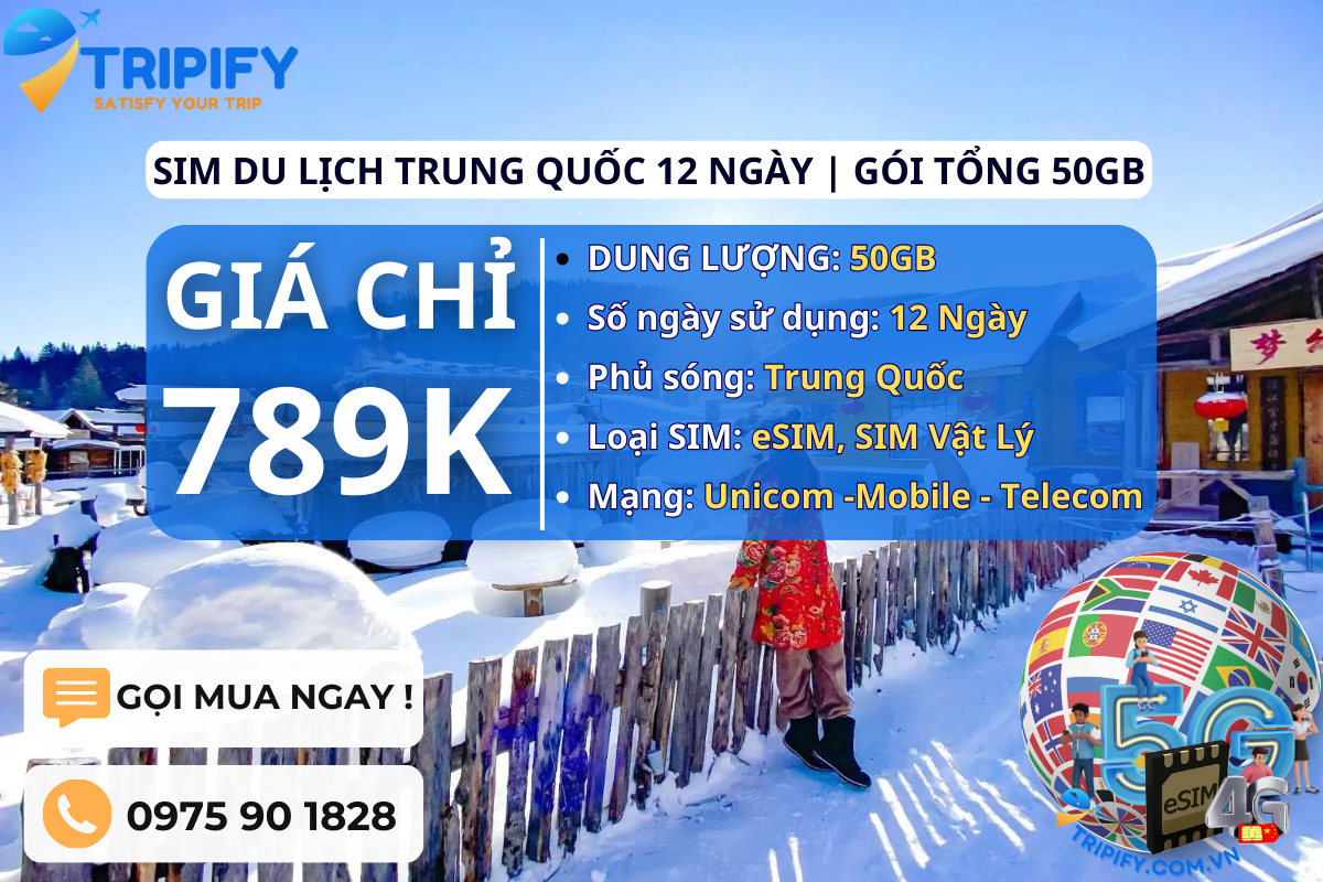 SIM DU LỊCH TRUNG QUỐC 12 NGÀY | GÓI TỔNG 50GB