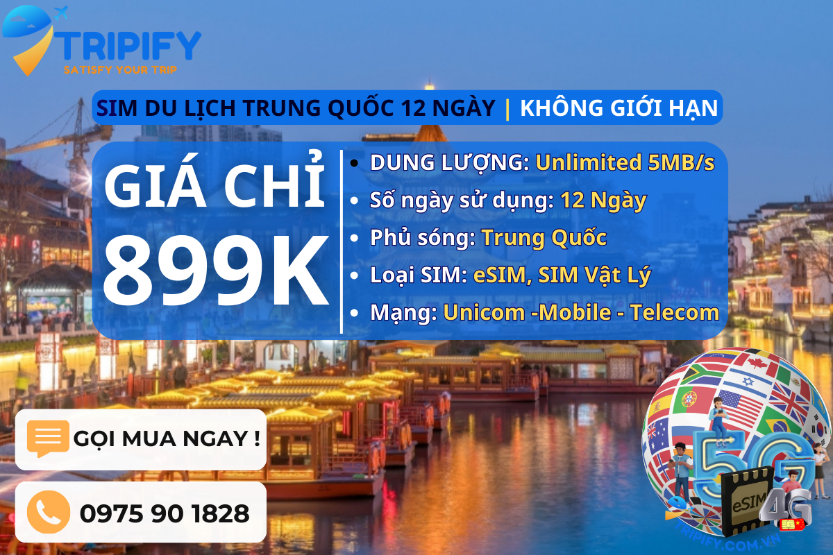 SIM DU LỊCH TRUNG QUỐC 12 NGÀY | GÓI UNLIMITED 5MB/s