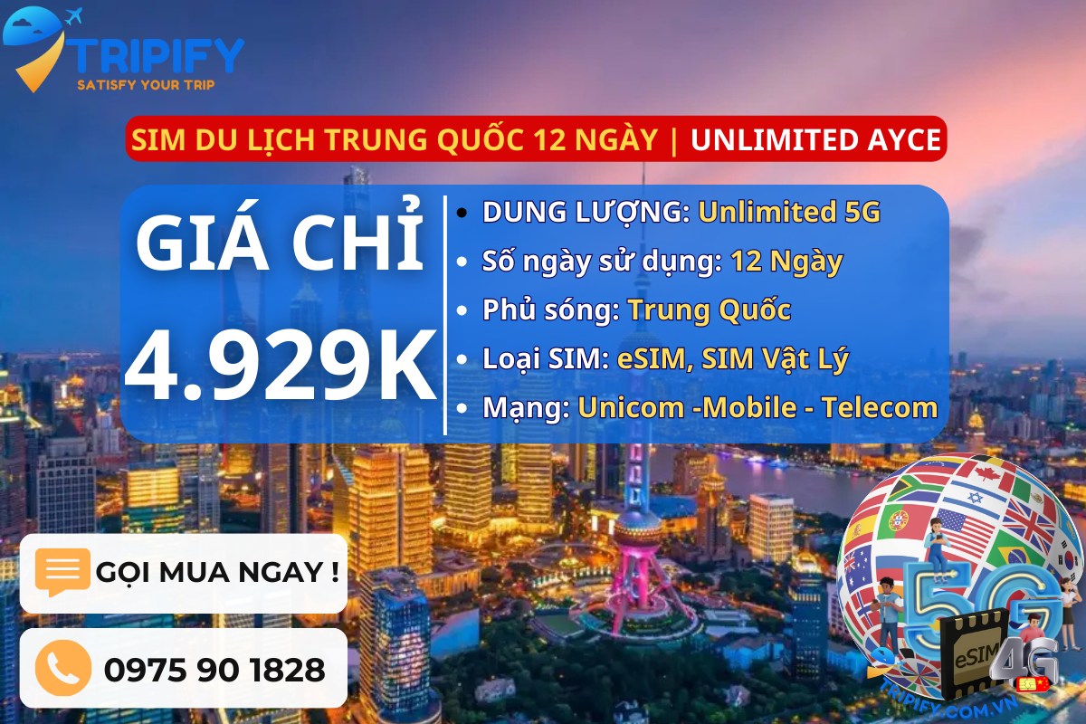 SIM DU LỊCH TRUNG QUỐC 12 NGÀY | GÓI UNLIMITED AYCE