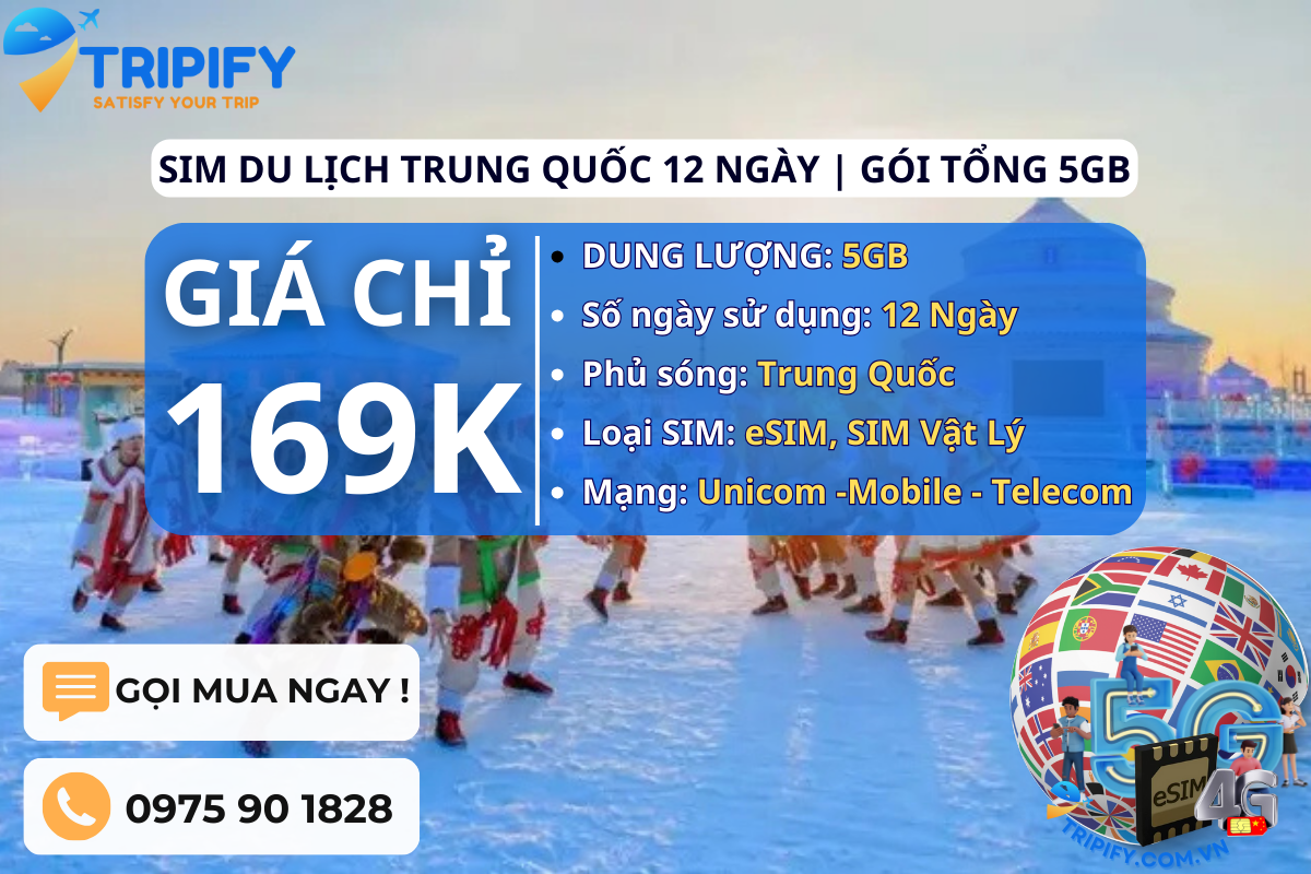 SIM DU LỊCH TRUNG QUỐC 12 NGÀY | GÓI TỔNG 5GB