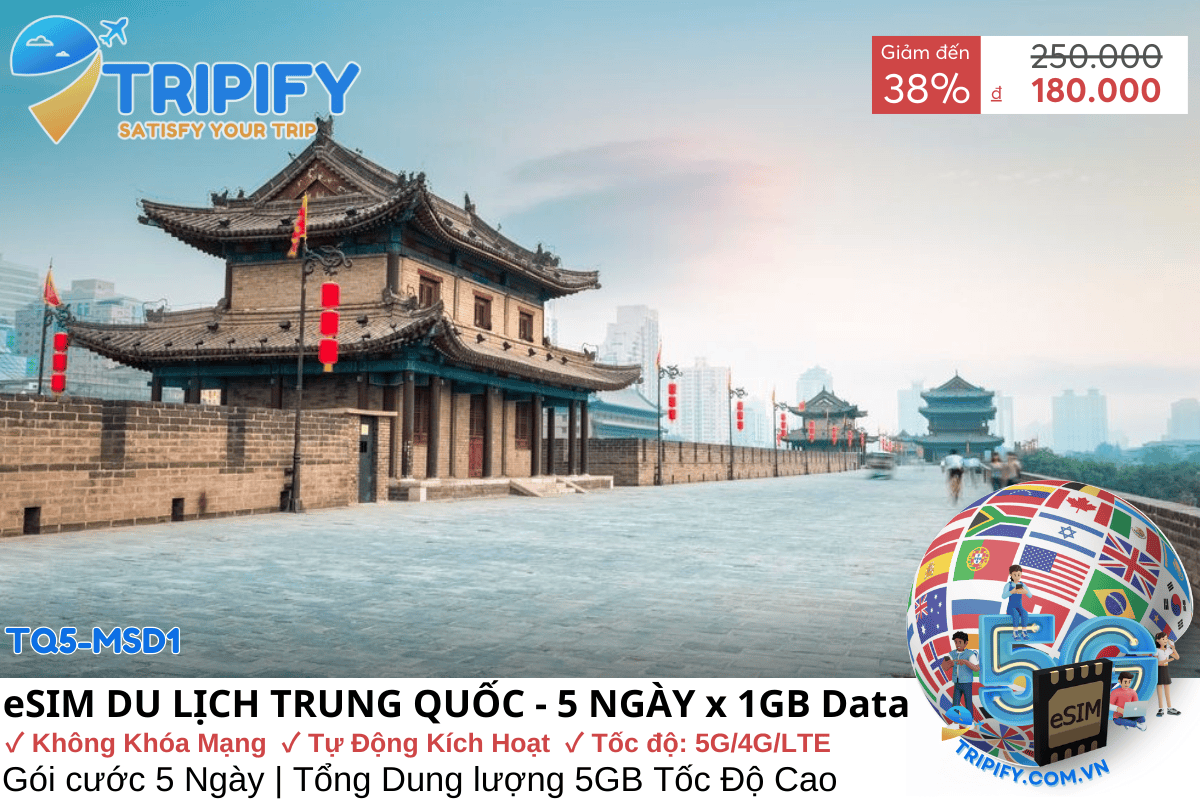 eSIM DU LỊCH TRUNG QUỐC GIÁ RẺ 5 NGÀY - DUNG LƯỢNG 1GB/NGÀY