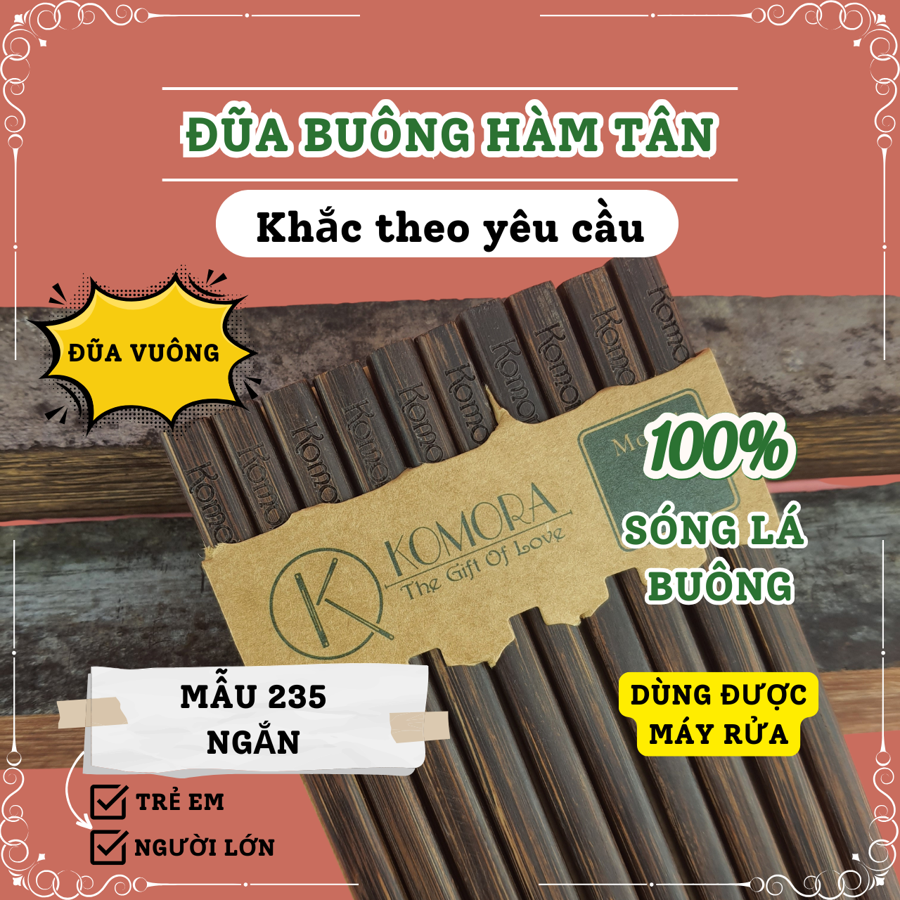 [Vỉ 5 Đôi] [Vuông] Mẫu 235 Ngắn, Đũa Buông Hàm Tân, Khắc Theo Yêu Cầu