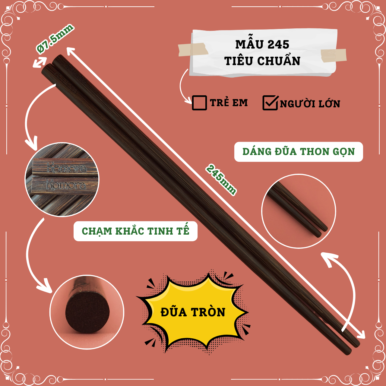 [Vỉ 5 Đôi] Đũa Buông Cao Cấp - Mẫu 245 Tiêu Chuẩn