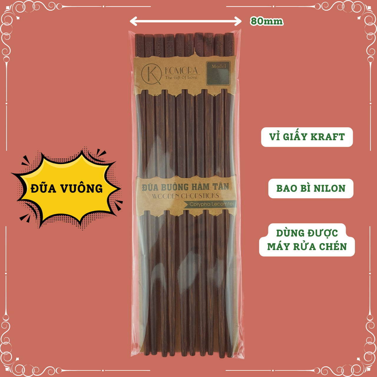 [Vỉ 5 Đôi] [Vuông] Mẫu 235 Dài, Đũa Khắc Theo Yêu Cầu, Đũa Buông Hàm Tân