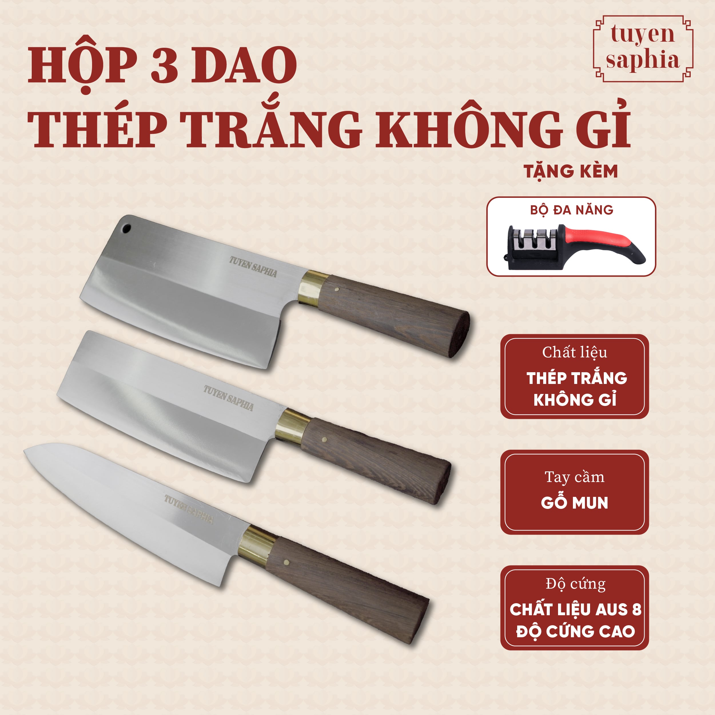 Combo 3 dao thép trắng không gỉ