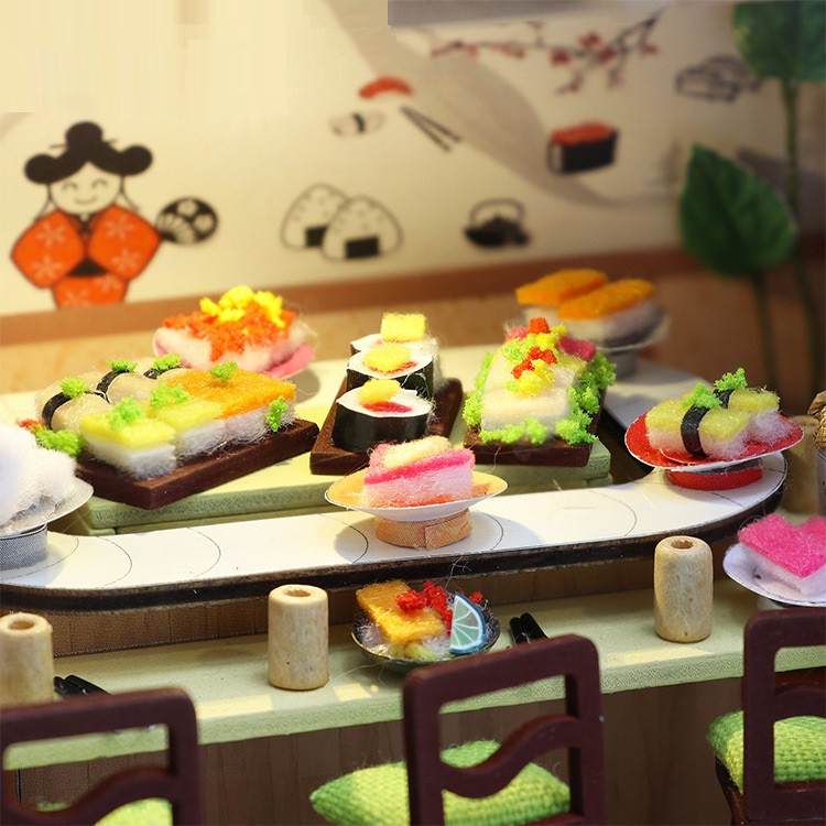 Mô hình nhà DIY Doll House Gibbon Sushi Kèm Mica Chống bụi, Bộ dụng cụ và Keo dán