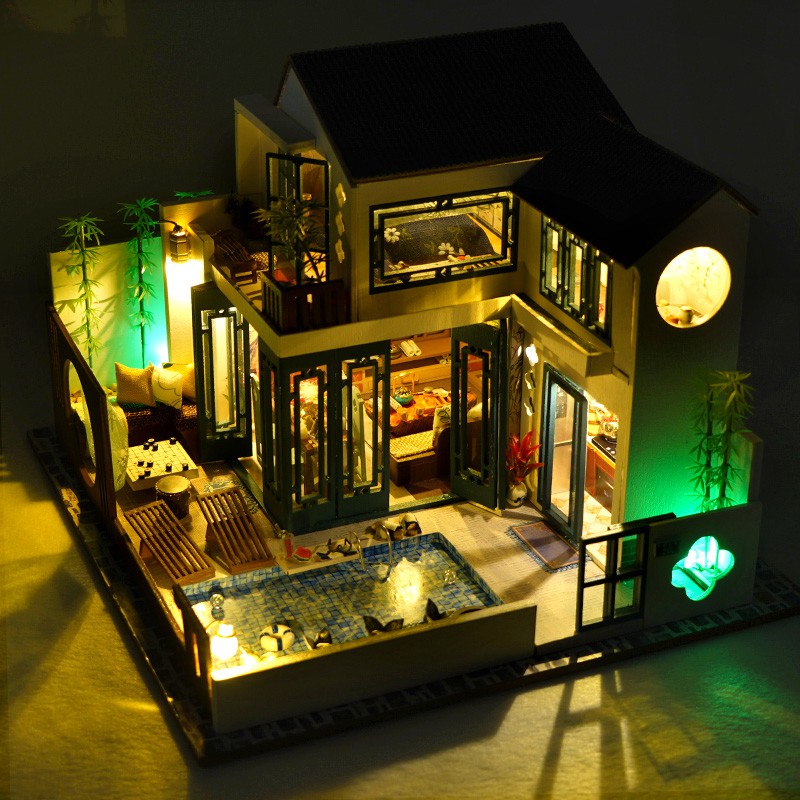 Mô hình nhà DIY Doll House Happy Restaurant Kèm Mica Chống bụi, Bộ dụng cụ, Keo dán và Bộ phát nhạc