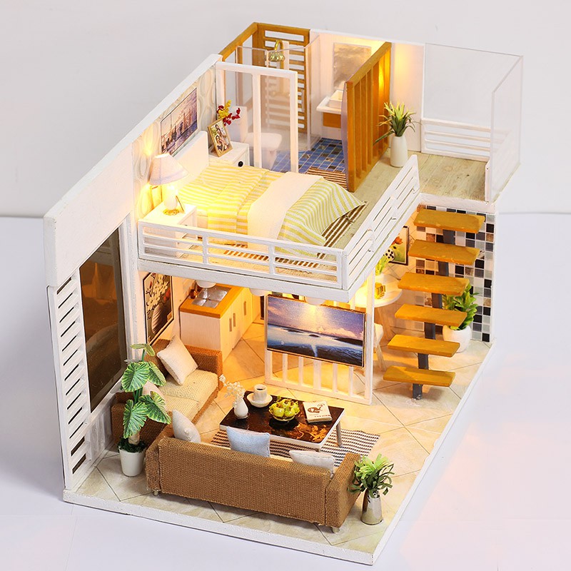 Mô hình nhà DIY Doll House Simple and Elegan Kèm Mica chống bụi, Bộ dụng cụ và Keo dán