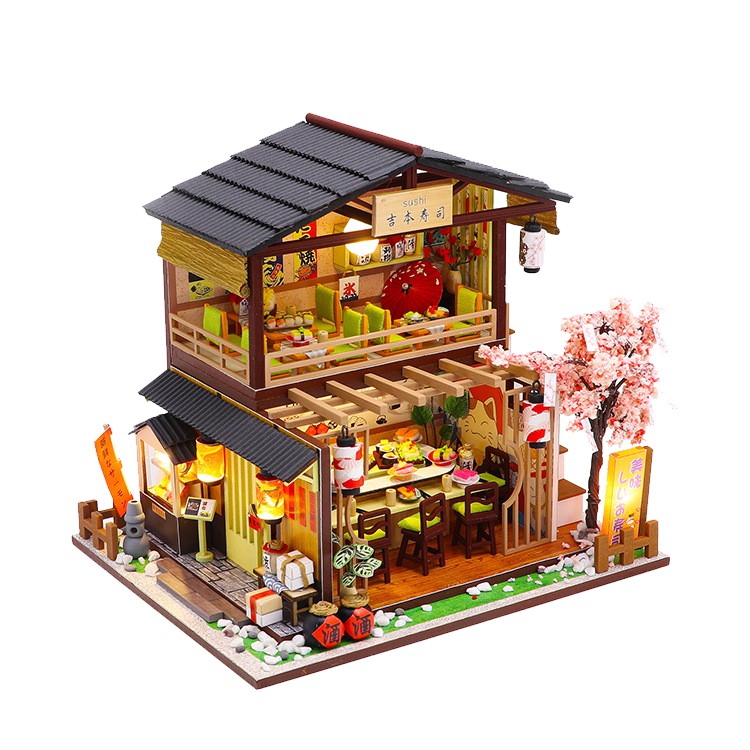 Mô hình nhà DIY Doll House Gibbon Sushi Kèm Mica Chống bụi, Bộ dụng cụ và Keo dán