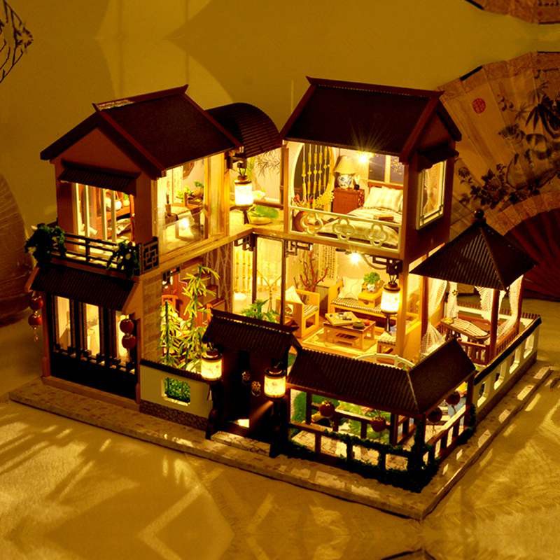 Mô hình nhà DIY Doll House Lotus Pond Moonlight Kèm Mica Chống bụi, Bộ dụng cụ, Keo dán và Bộ phát nhạc