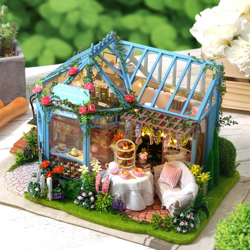 Mô hình nhà DIY Doll House Rose Garden Tea House Kèm Mica Chống bụi, Bộ dụng cụ, Keo dán và Bộ phát nhạc