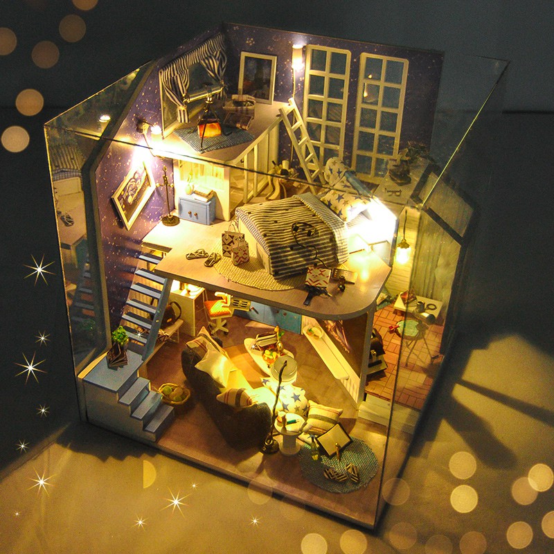 Mô hình nhà DIY Doll House Romantic Little Nightlight Kèm Mica Chống bụi, Bộ dụng cụ và Keo dán
