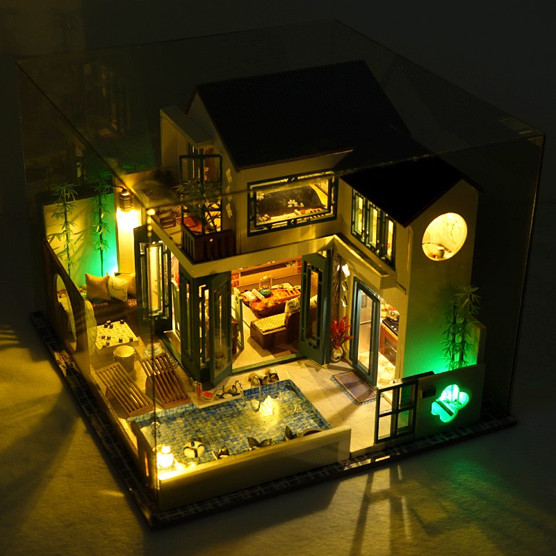 Mô hình nhà DIY Doll House Happy Restaurant Kèm Mica Chống bụi, Bộ dụng cụ, Keo dán và Bộ phát nhạc