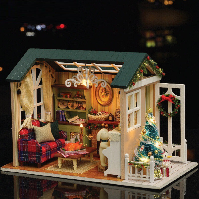 Mô hình nhà DIY Doll House American Retro Style Kèm Mica chống bụi, Bộ dụng cụ và Keo dán