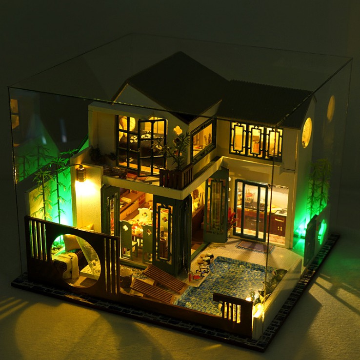 Mô hình nhà DIY Doll House Happy Restaurant Kèm Mica Chống bụi, Bộ dụng cụ, Keo dán và Bộ phát nhạc