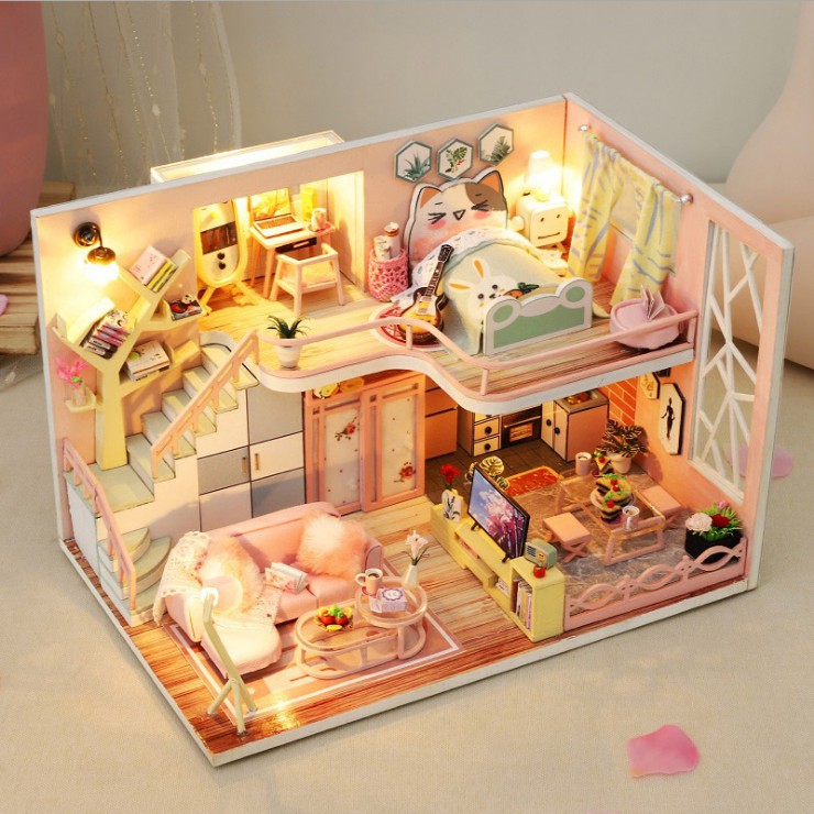 Mô hình nhà DIY Doll House Flower Story Kèm Mica Chống bụi, Bộ dụng cụ và Keo dán