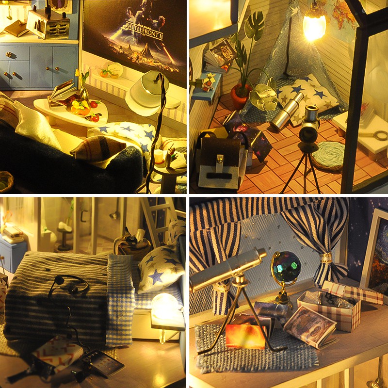 Mô hình nhà DIY Doll House Romantic Little Nightlight Kèm Mica Chống bụi, Bộ dụng cụ và Keo dán