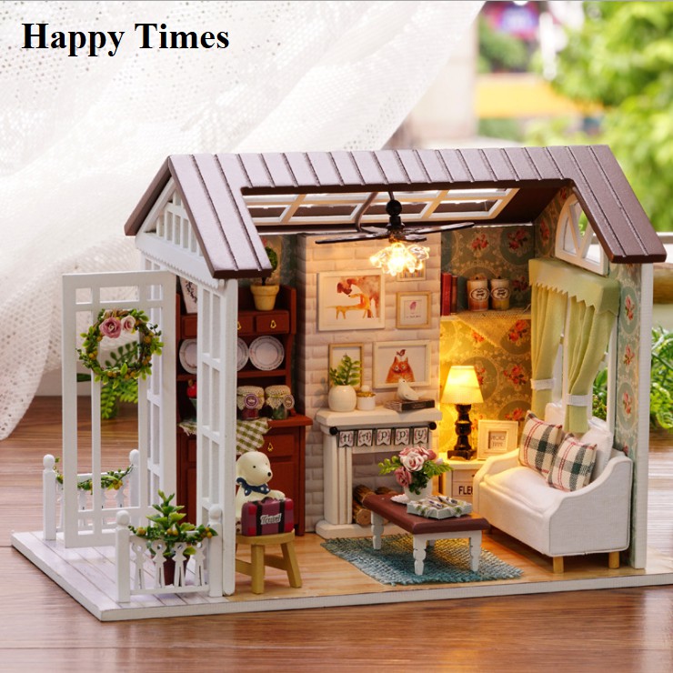 Mô hình nhà DIY Doll House American Retro Style Kèm Mica chống bụi, Bộ dụng cụ và Keo dán