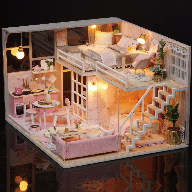Mô hình nhà DIY Doll House Girlish Dream Kèm Mica Chống bụi, Bộ dụng cụ và Keo dán