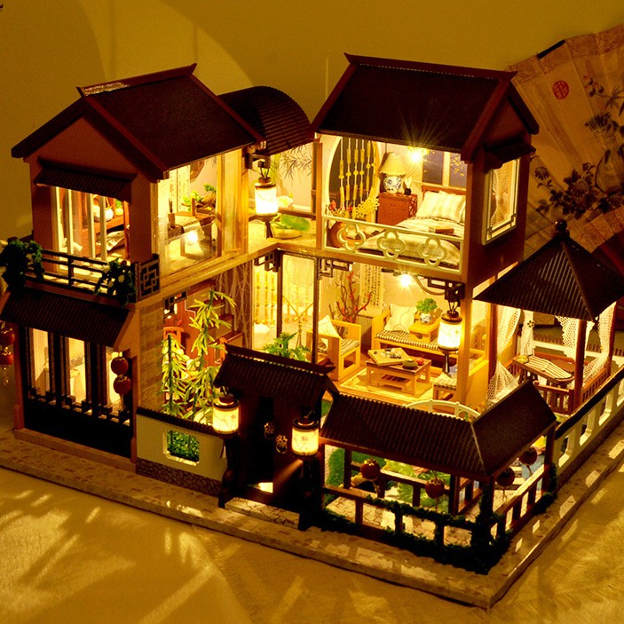 Mô hình nhà DIY Doll House Lotus Pond Moonlight Kèm Mica Chống bụi, Bộ dụng cụ, Keo dán và Bộ phát nhạc