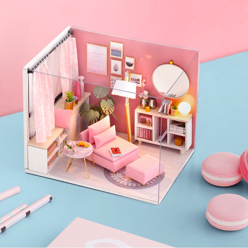 Mô hình nhà DIY Doll Happy Time Kèm Mica chống bụi, Bộ dụng cụ và Keo dán