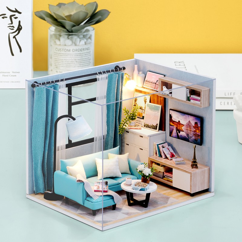 Mô hình nhà DIY Doll House Corner of Living Room Kèm MICA chống bụi, Bộ dụng cụ và Keo dán