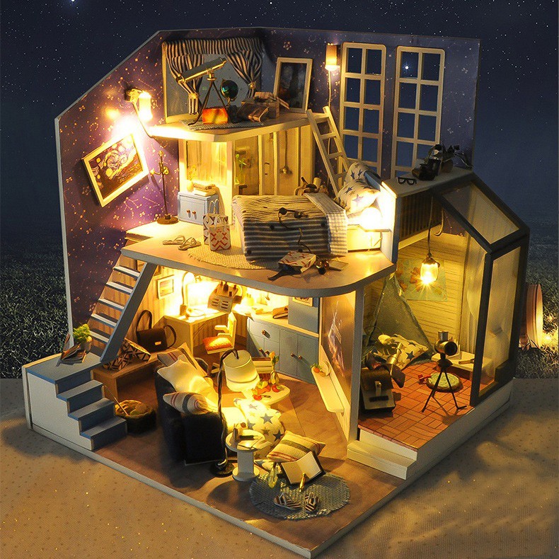 Mô hình nhà DIY Doll House Romantic Little Nightlight Kèm Mica Chống bụi, Bộ dụng cụ và Keo dán